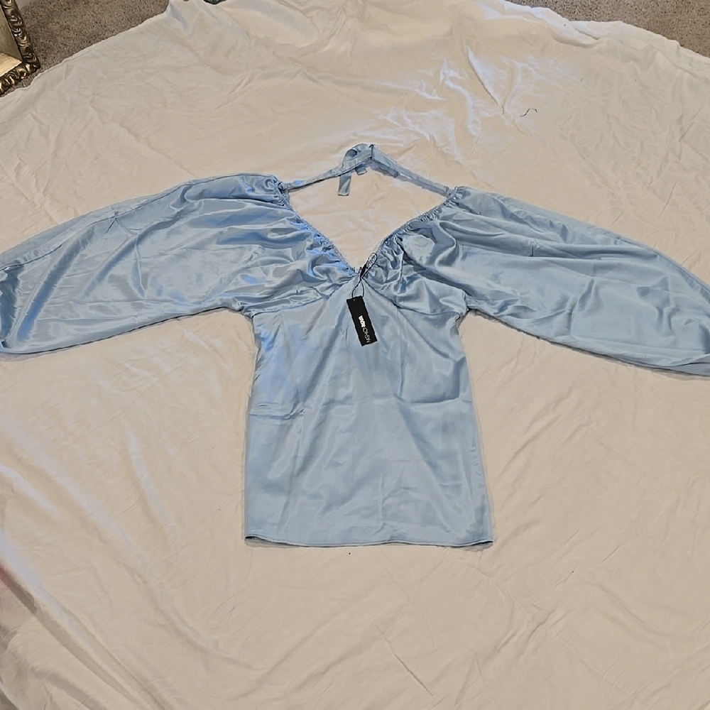 Light Blue Bishop Sleeve Ruched Mini Dress